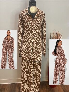 Fashion Nova Brown and Cream Zebra 2Piece Wide Leg Pants Set